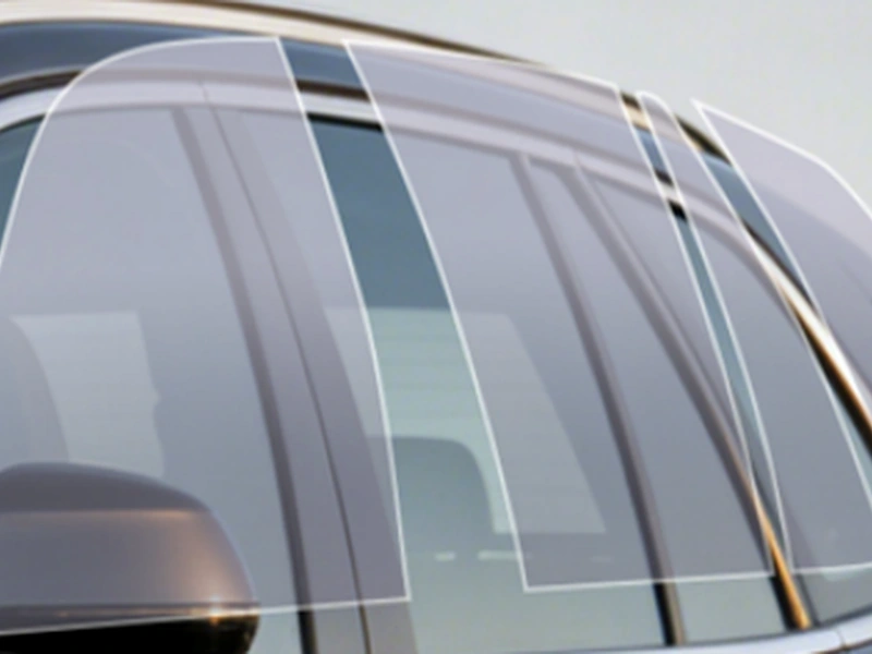 Illustration of automotive window tint film layers applied across vehicle side windows.