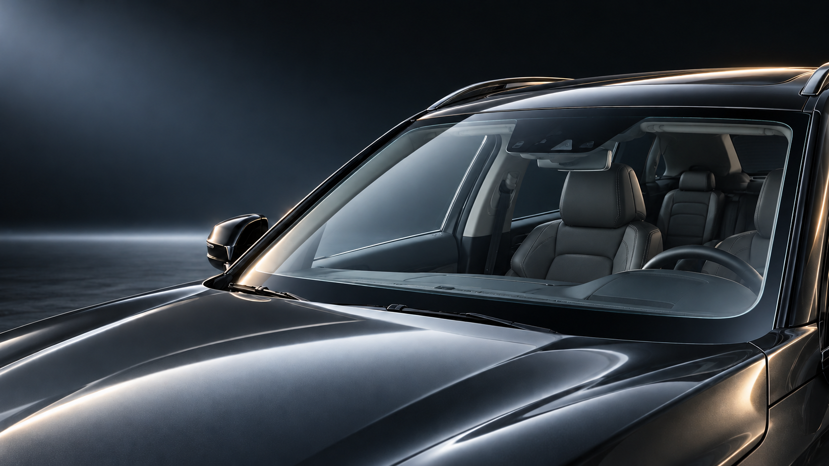 Close-up view of a clear automotive windshield with a transparent exterior protection film.