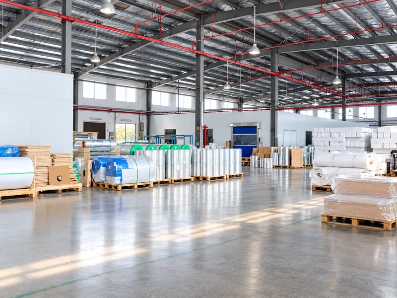 Industrial warehouse with multiple packaged rolls of automotive film stored on pallets.