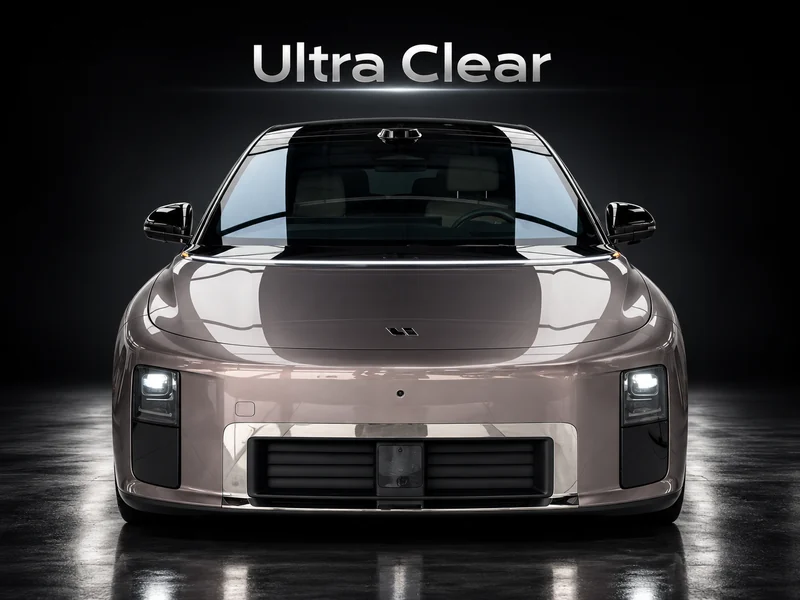 Front-view concept rendering of a metallic gray car showcasing HDONE HD1685 Ultra Clear windshield protection film.