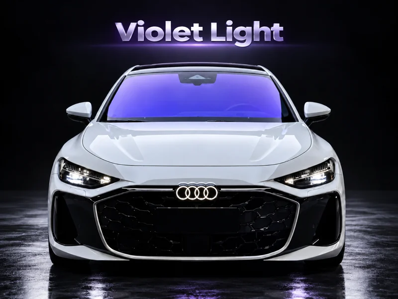Front-view concept rendering of a white car with a violet-hue windshield illustrating HDONE HD1686 Violet Light windshield protection film.