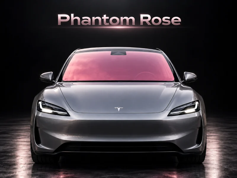 Front-view concept rendering of a silver car with a rose-hue windshield illustrating HDONE HD1687 Phantom Rose windshield protection film.
