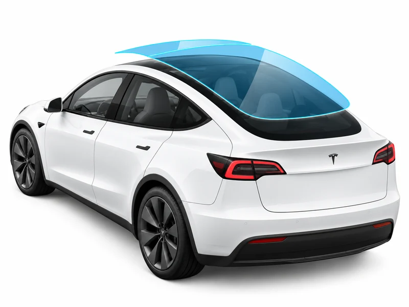 White Tesla Model Y with a transparent blue sunroof protection film layer illustrated above its panoramic glass roof.