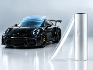 Black sports car with transparent windshield protection film layers and a clear film roll.