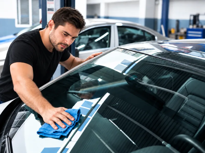 Male auto detailing technician in a black T-shirt cleaning a car windshield with a blue microfiber cloth.