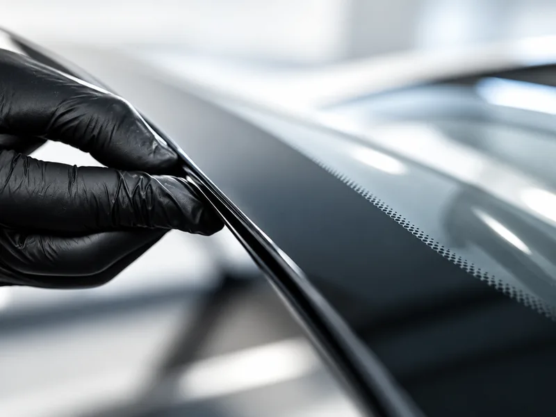 Black-gloved hand inspecting the edge of a transparent film on an automotive windshield.