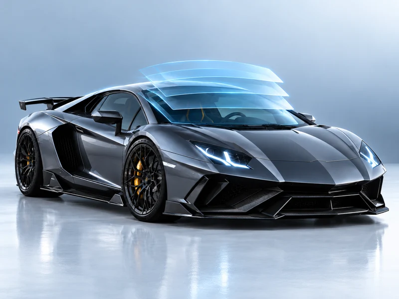 Dark gray sports car with transparent windshield protection film layers illustrated above the front windshield.