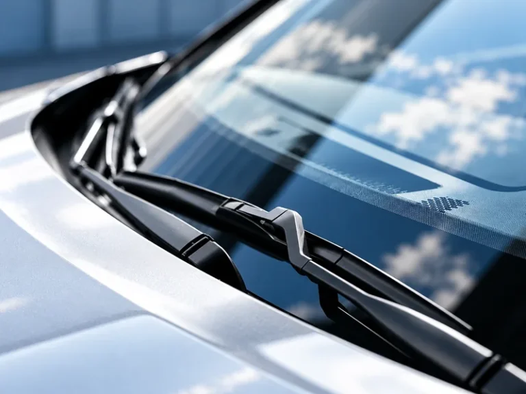 Close-up of windshield wiper blades resting on a clean car windshield reflecting the sky.