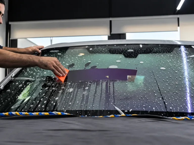 Installer using an orange squeegee to remove water beneath windshield protection film.