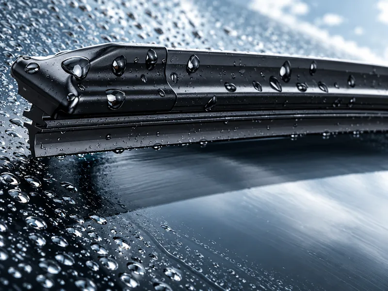 Close-up of a black windshield wiper blade with water droplets on wet automotive glass.